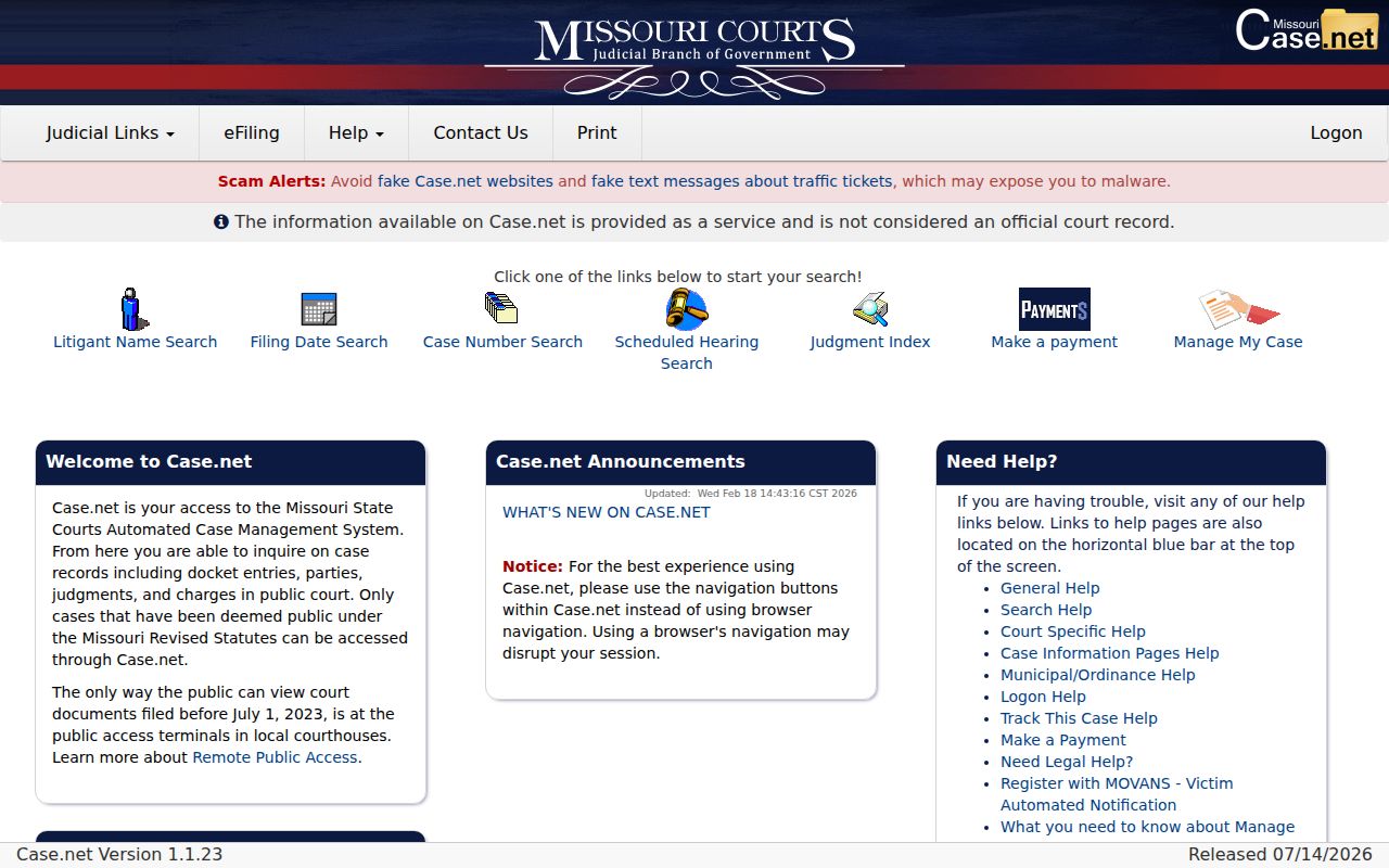 Stoddard County case search on the Missouri Case.net public search screen