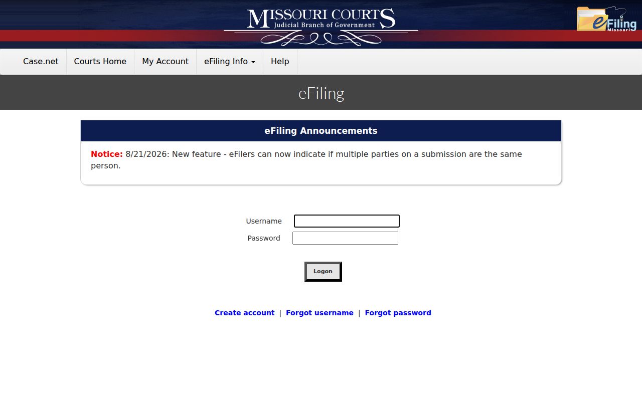 Stoddard County case search context at the Missouri eFiling System portal