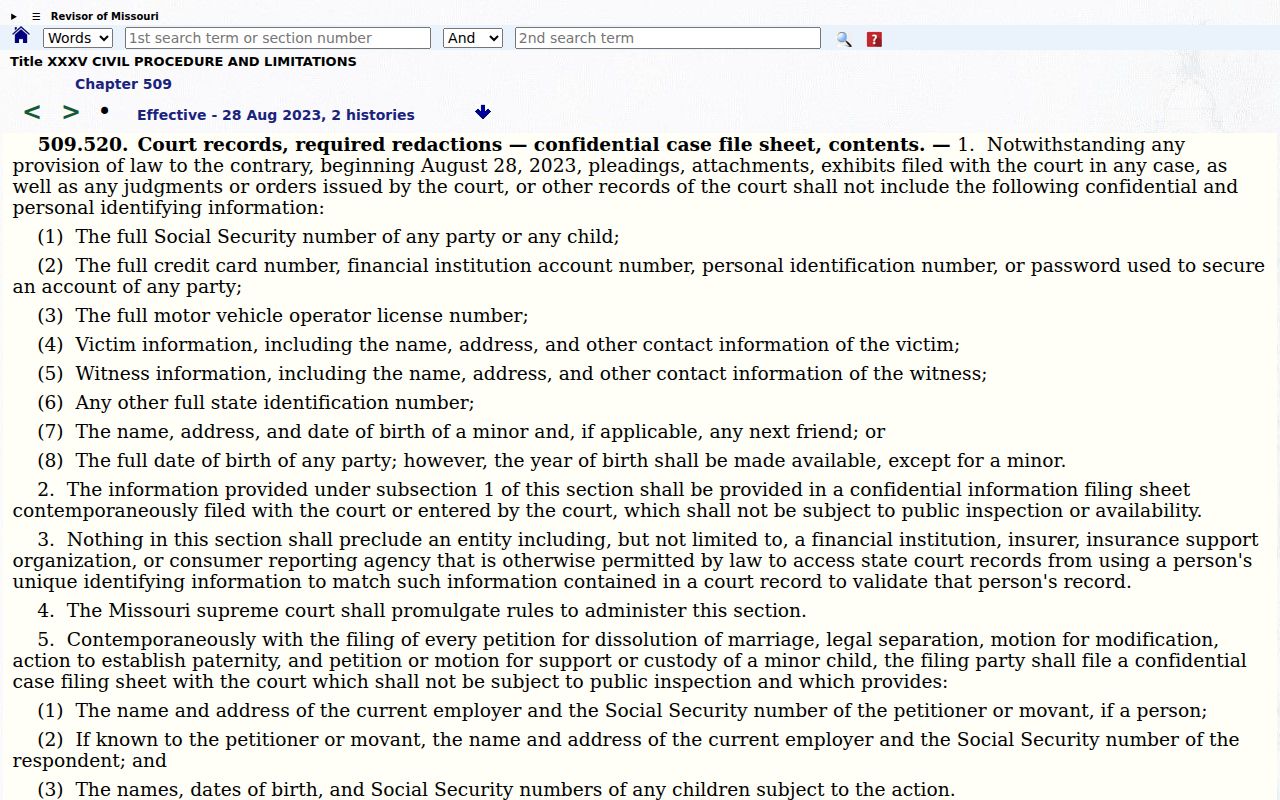 Stoddard County civil docket reference for Missouri court-filing redaction rules
